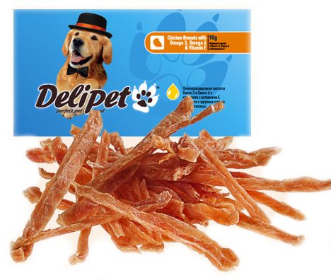 Лакомство для собак DeliPet куриные грудки с омега 3 и 6 0,05 кг.