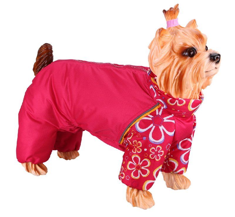 Дождевик-комбинезон для собак DEZZIE Йоркширский Терьер с красными цветами и синтепоновой подкладкой